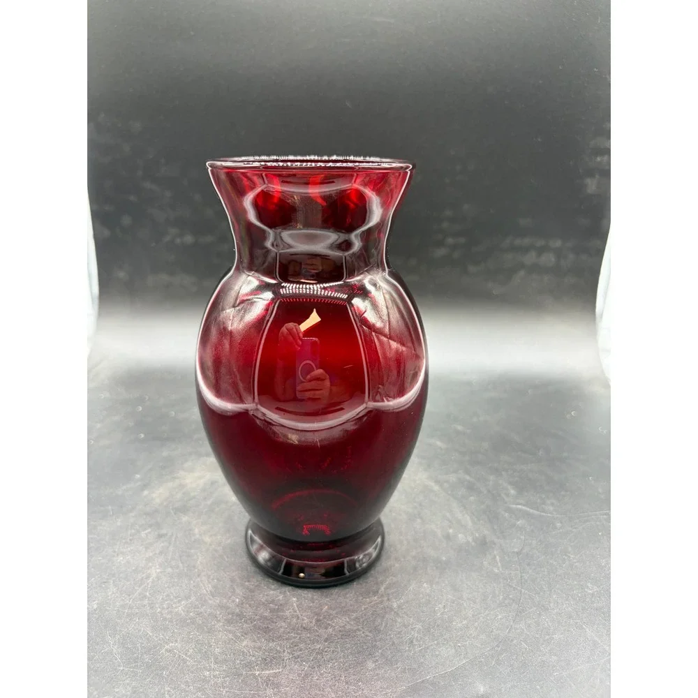 Vintage Ruby Red Glass Vase Paneled Pedestal Base Crimson Flower Bud Vase 6.25in